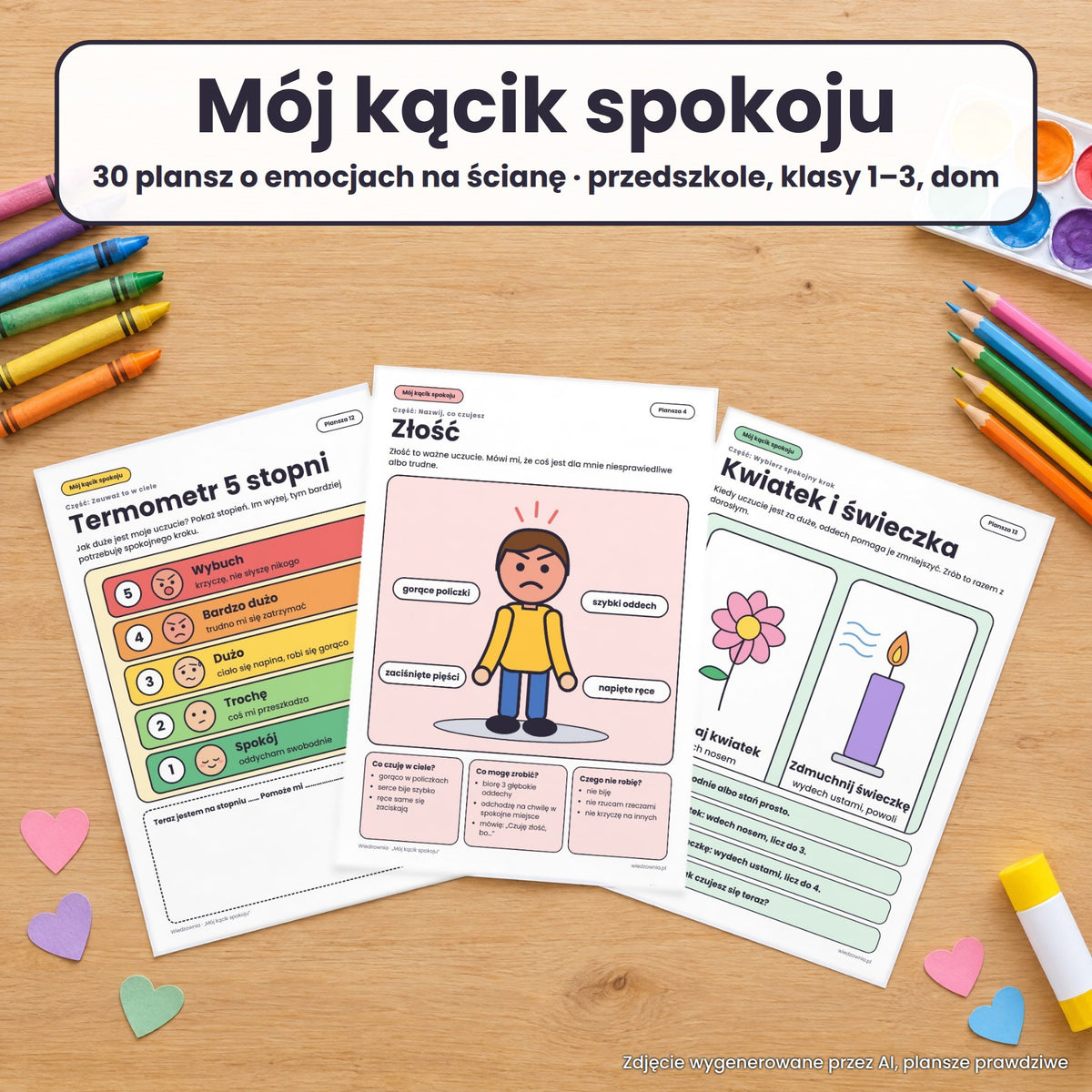 Plansze Mój kącik spokoju na stole z kredkami. Tło wygenerowane przez AI, plansze prawdziwe
