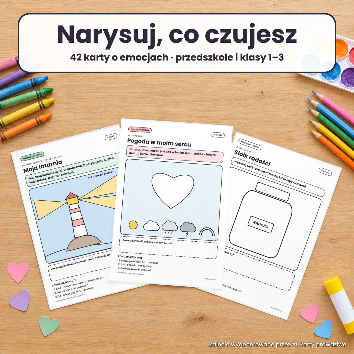 Karty Narysuj, co czujesz na stole z kredkami. Tło wygenerowane przez AI, karty prawdziwe